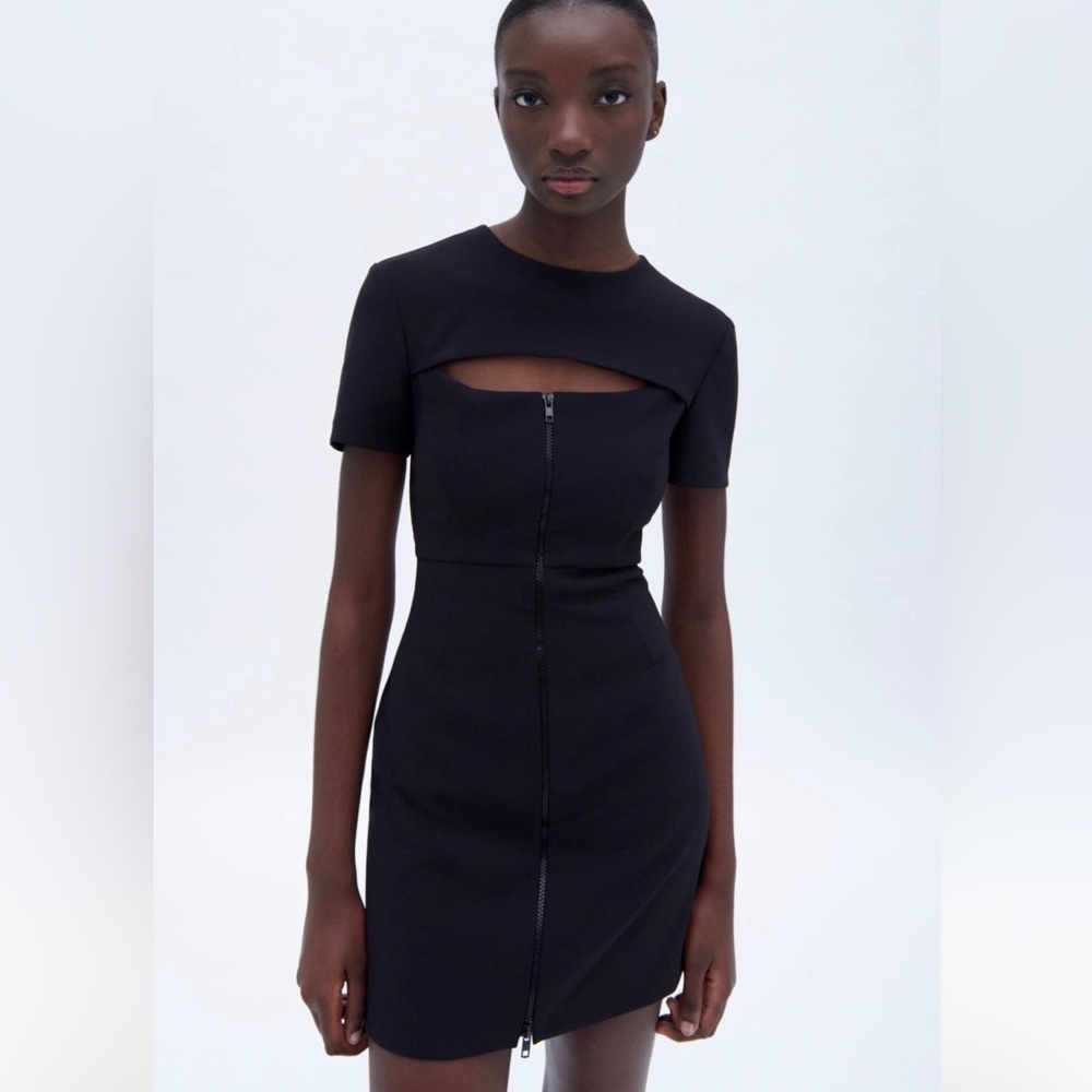 Zara Black Short Sleeve Mini Dress with Front Zip and Chest Cutout